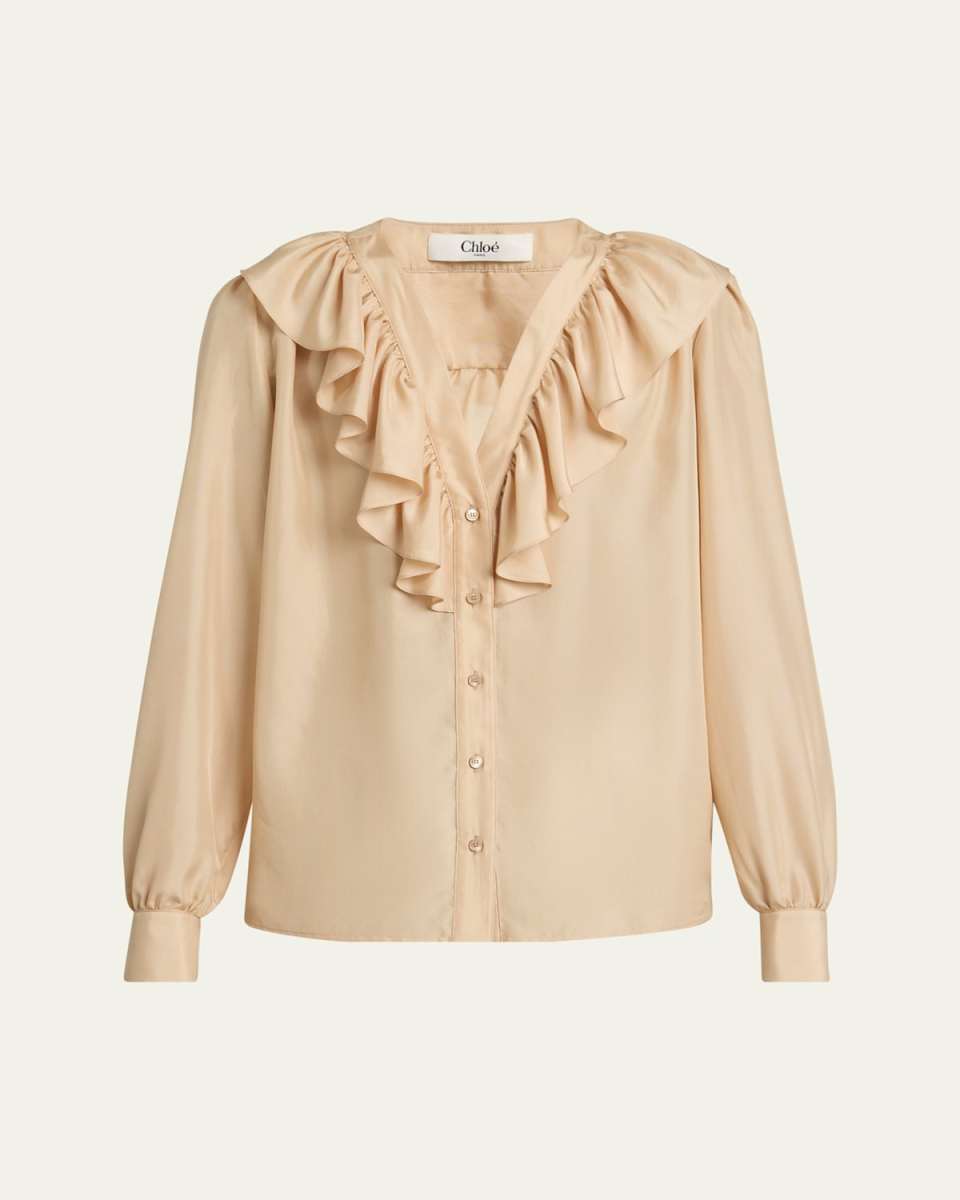 Ruffled V-Neck Silk Blouse